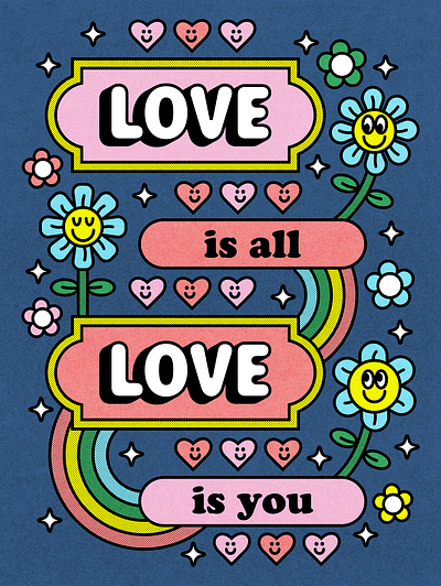 Love Is All blue color flowers fun green illustration love minimal pink red stickermule vector yellow