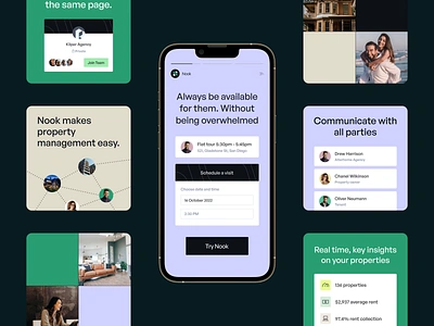 Nook • Brand Identity brand identity branding color palette design system finance fintech form identity illustration instagram landlord mockups money real estate rental saas social media story typography visual identity