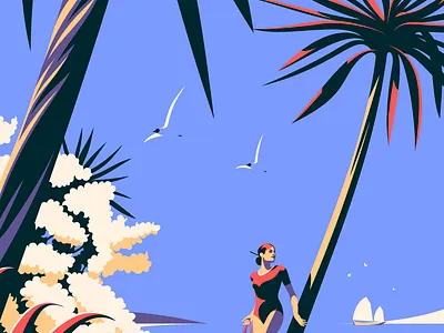 Beach beach birds boat seagulls design flat flat design illustration light minimal minimalism ship sunny trees vector woman