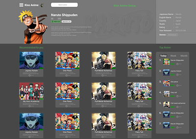 Kiss Anime anime dashboard design landing page ui