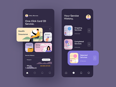 Card ID Services Mobile App Concept p2 app clean dark flat healthcare icon illustration insurance line mobile pastel service ui
