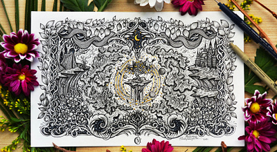 Fantasy Map • illustrated art black and white character chatzipanagiotou concept design drawing flowers graphic design hand drawn handmade illustration landscape map mountains nature pen drawing scenery sketch tree