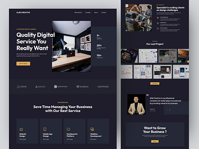 Alibi - Creative Agency Landing Page agency landing page branding clean clean dark mode company landing page creative agency design digital agency digital landing page landing page popular uiux website company