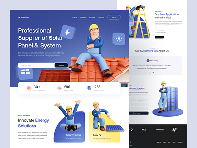 ENERGY - Solar Panel Landing Page Exploration 3d 3d cartoon 3d character 3d design 3d illustration 3d model blue clean hero illustration inspiration landing page solar panel ui ui design uiux ux ux design web design website