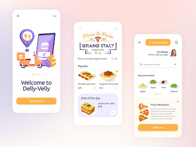 Delly-Velly Part 1 3d app beautiful burgers delivery design dish food graphic design italian logo menu pizza recommended scooter screens tasty ui ux yummy