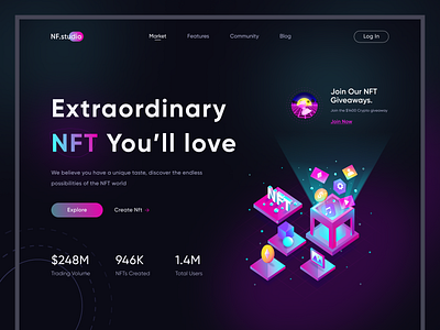 NFT Marketplace Website bitcoin clean design clean ui crypto cryptoart cryptocurrency dark eth header illustration landing page logo marketplace nft nft marketplace website nfts token ui design ux design web design