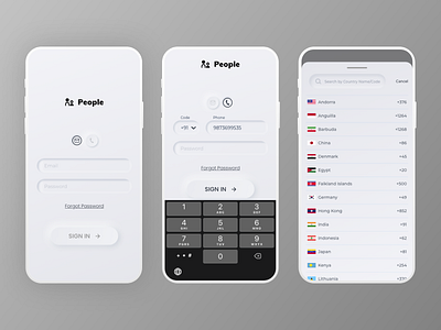 Neomorphism Sign In Screens Light UI Design app country code dark neumorphic fonts forgot password light neumorphic login app login screen mobile design mobile ui neumorphic neumorphic ui kit neumorphism onboarding illustration sign in screen signin signup soft ui ui design ui screens