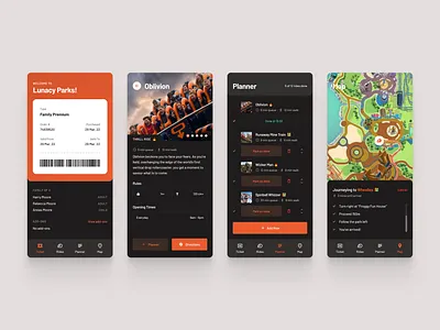 Theme Park (Dark) amusement app dark darkmode mobile park ride rides theme ui ux