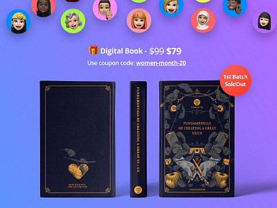 UI/UX Book by Creative Tim book dashboard design digital discount education gradient illustration learning lesson memoji offer read uiux web design women