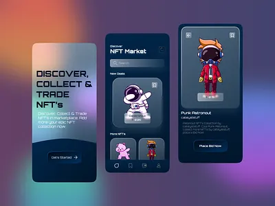 Modern NFT Market Mobile App app astronout blockchain btc crypto design eth flat graphic design illustration mobile mobile app modern nft nft market ui ux