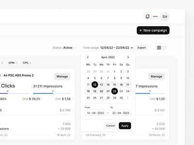 Campaign Manager – Date range picker app buttons cards date picker desktop dropdown filters interface light ux