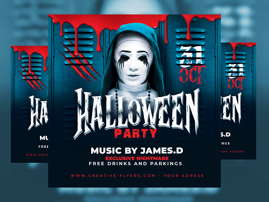 Halloween Flyer Template (PSD) college creative flyer graphic design halloween halloween flyer horror mask nun party party flyer photoshop poster scary