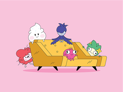 Family alien character design chibi couch cute eyes family flat design monster pink retro science fiction smile space vector yellow