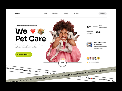 Pet care website creative header- UXETO Design 2022 app branding creative design fashion header homepage landing page logo redesign trend ui user experience ux web website