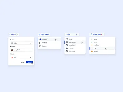 Menus in Volley assign button component components design system dropdown hover menu picker priority product design saas status uiux