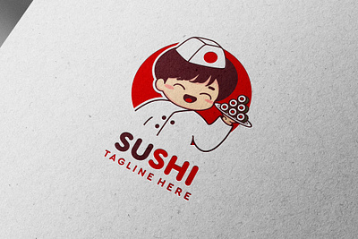 Sushi Logo with cute boy chinese chef character asian food boy character chef chinese food gourmet hand drawn male man mascot oriental food logo restaurant logo sushi sushi logo