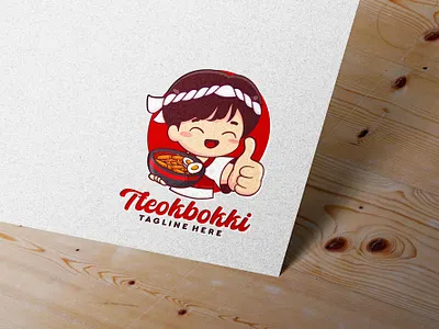 Tteokbokki logo with traditional boy chef wear headband asian food boy cartoon cute design hand drawn hot koread food logo korean food logo male man oriental food logo restaurant logo spicy streetfood logo toppoki traditional tteokbokki