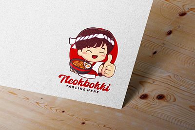 Tteokbokki logo with traditional boy chef wear headband asian food boy cartoon cute design hand drawn hot koread food logo korean food logo male man oriental food logo restaurant logo spicy streetfood logo toppoki traditional tteokbokki