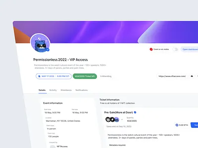 NFT Ticketing platform access attending blockchain crypto detailed page event irakli lolashvili minimalistic nft quantity ticket ui verified web 3 web 3.0