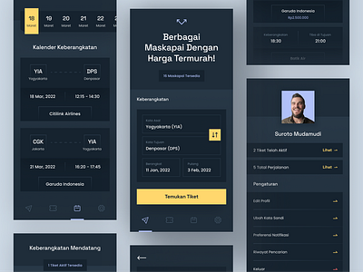 Flight Booking App (More Screens!) airplane booking business clean dark mode design flight interface ios minimal mobile phone schedule simple ticket ticketing travel ui yellow