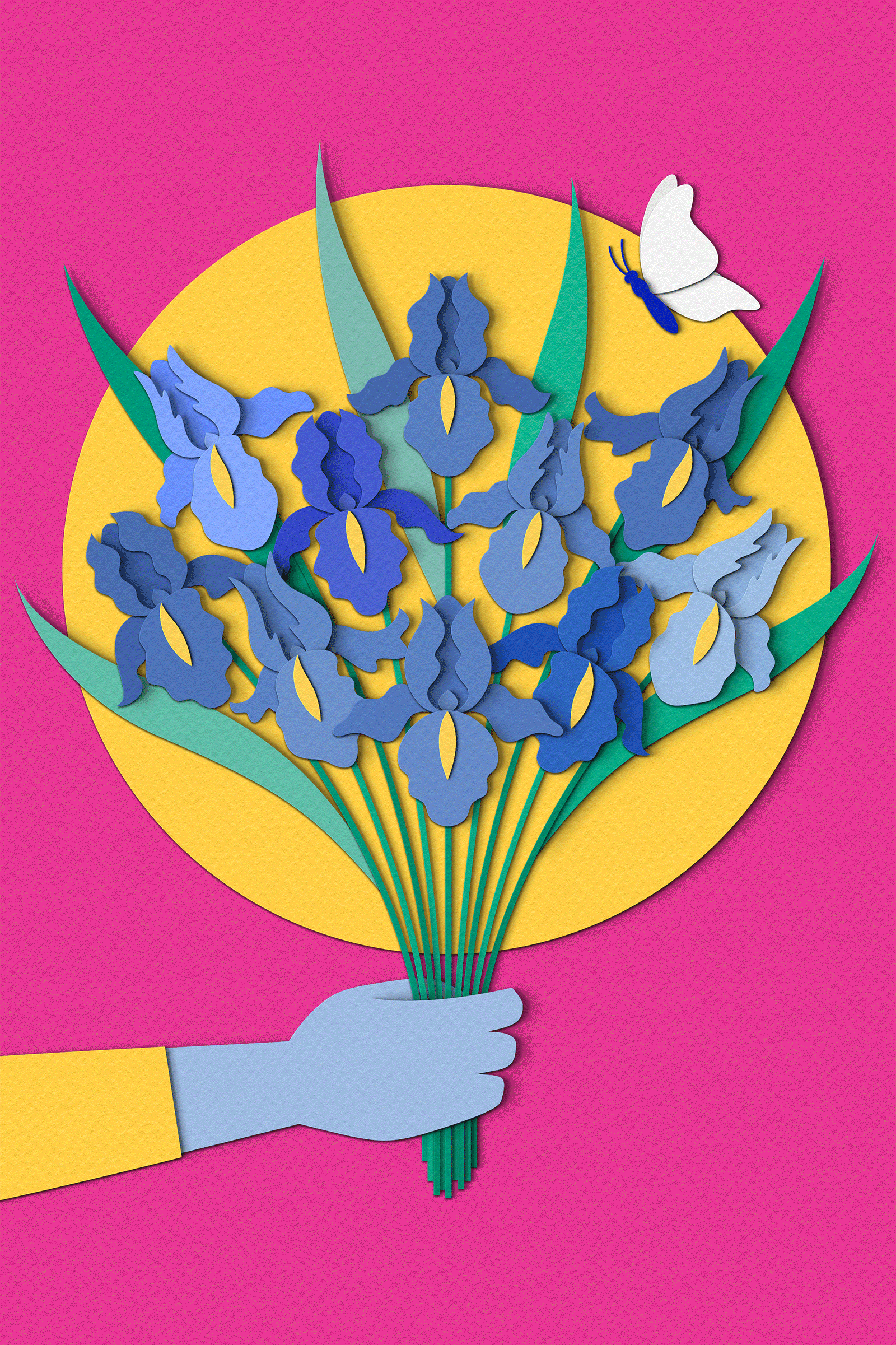 Getty25 - The Getty Center Anniversary bouquet bunch butterfly flowers getty illustration iris irises paper craft papercut pink poster
