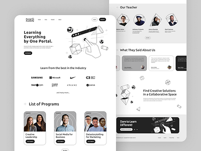 Portal Academy - E-Learning Platform Home Page black branding class course design design concept e learning graphic design header home page illustration landing page learning minimalist monochrome online online class ui uiux website