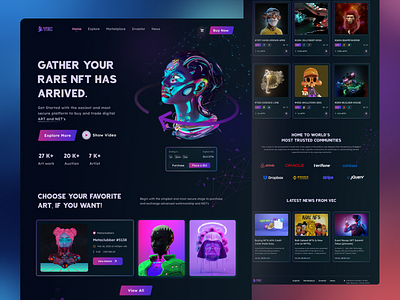 VEC-NFT Dark Theme Landing Page UI Design. art blockchain crypto art crypto landing page cryptocurrency dark landing page dark mode design graphic design homepage landing page marketplace minimalist nft nft landing page nft marketplace ui web design website website design