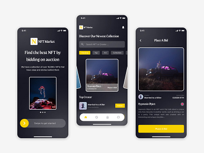 NFT Market - Mobile App app app design blockchain clean cryptocurrency dark design interface ios minimal mobile modern nft screen ui ux