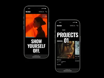 First Screen & Projects / Mobile Version / THE KILN black bold dark layout mobile orange typography ui video web design website