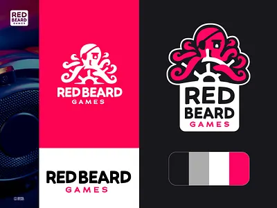 Red Beard Games \ Pirate Octopus logo design badge branding color design graphic design identity illustration logo logotype mascot octopus red beard simple sports