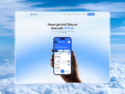 Ontime - Landing page hero section blue design hero section landing page marketing website mobile app mockup navbar product design sky ui ui design web design