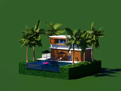 Summer 3/4 3d blender blue branding grass green house illustration palms pool summer tiny