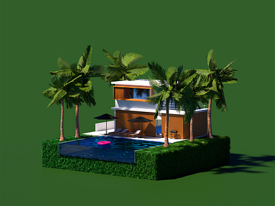 Summer 3/4 3d blender blue branding grass green house illustration palms pool summer tiny