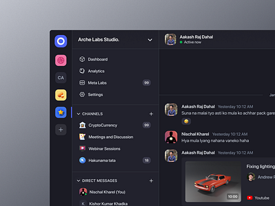 Messenger Chat Dashboard app call channel chat chat app dark dashboard group chat inbox message messenger app product team ui ux video call web app