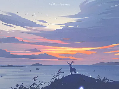 Sunset cloud deer illustration sea sunset 夕阳 风景