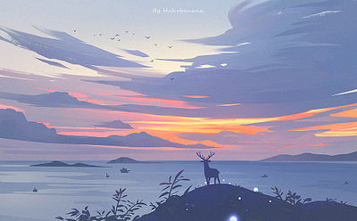 Sunset cloud deer illustration sea sunset 夕阳 风景