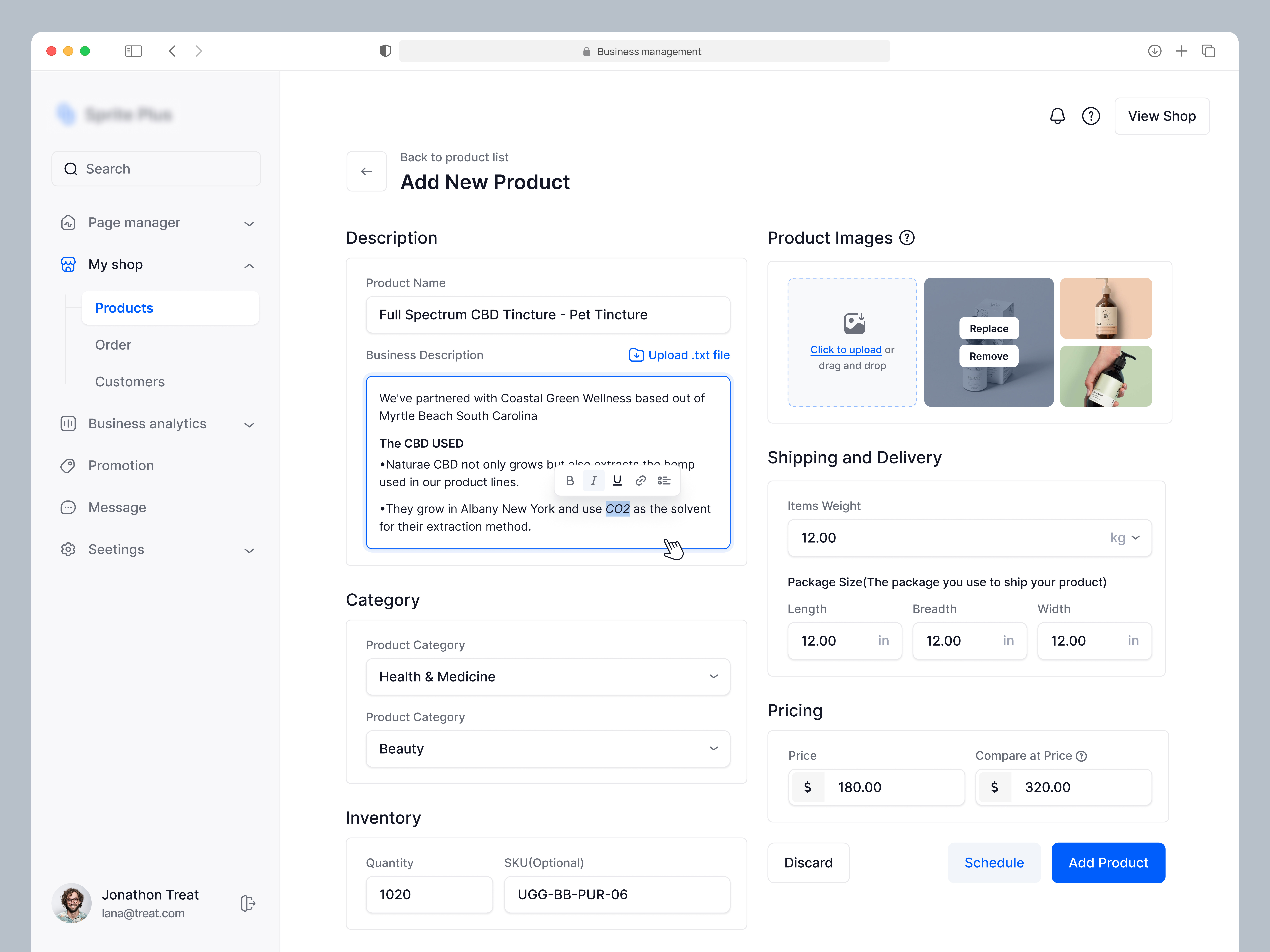 Example of Add product - Ecommerce Dashboard
