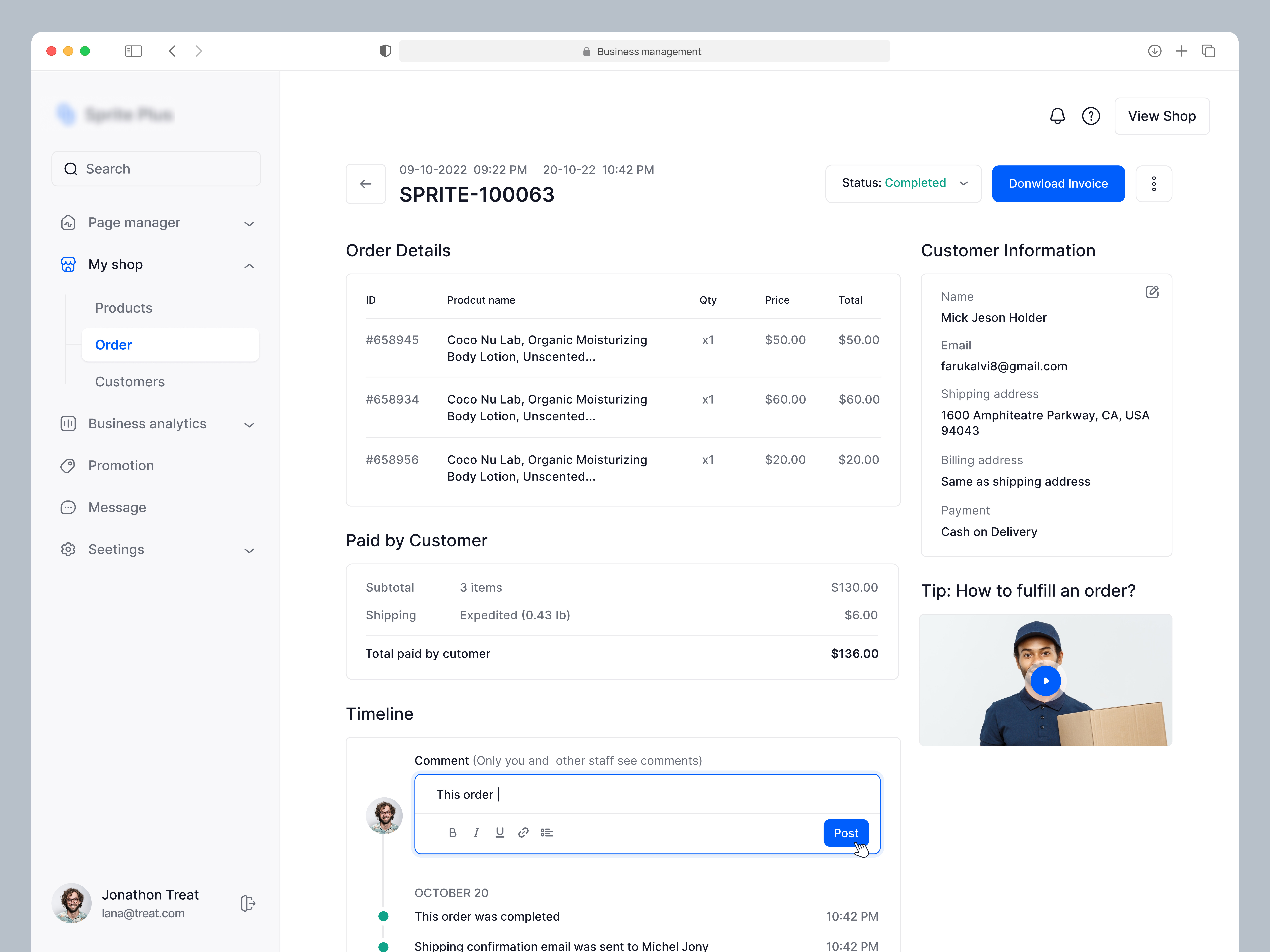 Example of Order Tracking - Ecommerce Dashboard