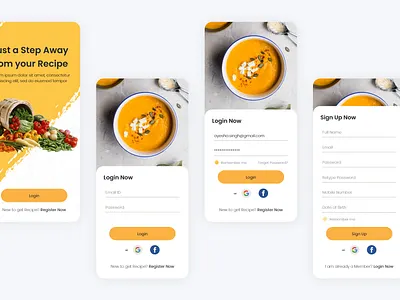 Find your recipe - Login/sign up screens app ui application clean design design food ui illustration light theme login logo mobile mockups project signup splash ui design uiux user experience ux