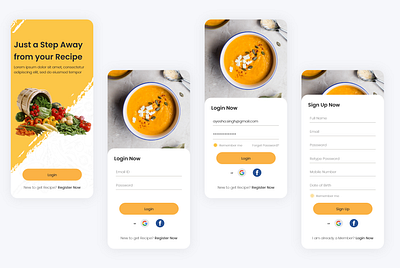 Find your recipe - Login/sign up screens app ui application clean design design food ui illustration light theme login logo mobile mockups project signup splash ui design uiux user experience ux