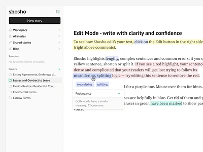 Edit Mode blog bloggin dropdown edit editing editor grammar grammarly hemmingway medium modal shosho side navigation sidebar suggestion text text editor tip writing wysiwyg