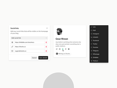 Blog components about about card add blog card components connect create dropdown field link medium shosho social social links social media text field write writing wysiwyg
