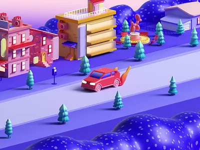 Fast car 3d buildings c4d car cgi cinema 4d city driving faster flames illustration isometric plants purple render road sub trees