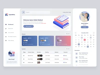 Learnthru: Manage your online courses | e-Learning Dashboard app app design berkem branding calender concept course daily ui dashboard design e learning graphic design learning logo online product ui ux web website