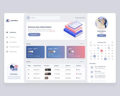 Learnthru: Manage your online courses | e-Learning Dashboard app app design berkem branding calender concept course daily ui dashboard design e learning graphic design learning logo online product ui ux web website