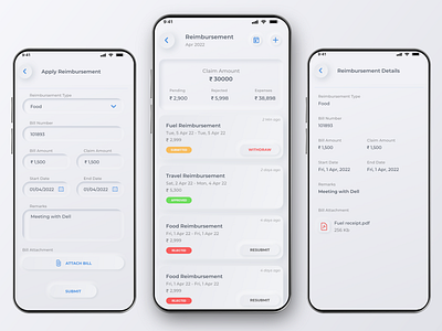 Employee Reimbursement Mobile App amount claim app android app card ui cards claim creative design employee reimbursements expense report expenses finance minimal mobile app neumorphic ui kit neumorphism one click expense reimbursement reimbursement app reimbursement process ui ux design