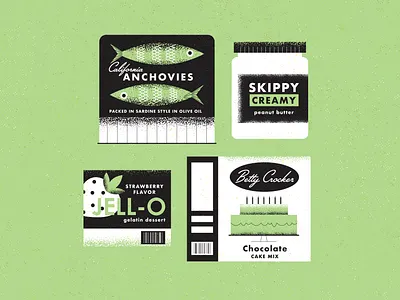 Retro food packaging anchovies cake food geometric grocery packaging peanut butter retro sardines strawberry