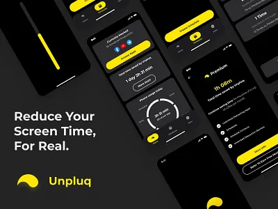 Unpluq App Design android app app app block black dark dark mode design eco ios ios app mobile mobile design mobile ui security time time saving ui ui design ux design yellow