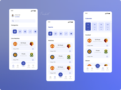 FreBet - Sports bet app androidapp appdesign bestui bet betting bettingapp calenderscreen figma homepage iosappdesign prototyping sportbetting sports sportsscreen ui uiux ux wireframing xd