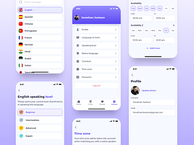 Mercury Speak App. Account settings app blue clean language mobile app profile purple schedule settings ui ux